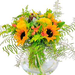 Upon first seeing this Camden-inspired bouquet, one is met with pure exuberance-vivid yellows and warm oranges radiate outward from grand sunflowers and lush garden roses, each petal unfolding generously, as if welcoming the day. Nestled between these cheerful focal blooms are glossy, red Hypericum berries, providing eye-catching contrast and a playful touch that recalls the colourful markets along Camden High Street. The bouquet is further enriched by a lush understory of green: feathery ferns tumble gracefully over the edge, their flow echoing the organic shapes found in local parks, while light solidago sprigs add a sparkle of tiny yellow, reminiscent of early morning sunlight streaming over the canal. Eucalyptus leaves introduce a cool blue-green note, subtly fragrant and soothing. The composition is cradled in a clear, round glass vase, where the arrangement's architectural structure comes into view-stems crossing and intertwining beneath the water surface, a visual reminder of the careful craftsmanship behind each local bouquet. The effect is both uplifting and serene, creating an ideal centrepiece for celebrations-be it a birthday along Chalk Farm Road, an anniversary dinner, or a thoughtful gift bringing light and happiness to a loved one's home in Camden.